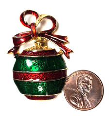 Estate Gold Tone Christmas Ornament & Red Ribbon Enamel Holiday Pin / Brooch