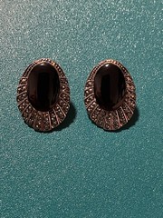 Vintage Sterling Silver Black Onyx / Marcasite Southwestern Stud Earrings 925