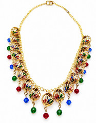 Vintage Festive Gold Tone Colorful Cage Bead Necklace Red Green Blue 21″