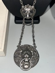 Vintage Victorian Revival Silver-tone Pewter Double Lion Door Knocker Necklace