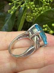 VINTAGE LARGE OVAL CUT BLUE TOPAZ SOLITAIRE RING 925 STERLING SILVER STATEMENT