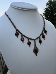 Antique 1930s Brass And Red Glass Festoon Style Necklace