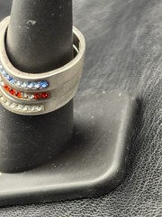 Vintage Sterling Silver Ring stackable Rhinestone Red White Blue USA July Sz 7