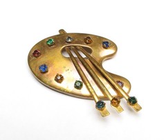 VTG Large ARTIST Palette Brushes BROOCH 1940s Brass RHINESTONE Paint Colors