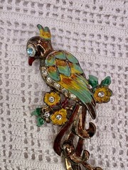 Vintage 1930’s-40’s Cold Painted Enamel Pot Metal Rhinestone Parrot Brooch 3”