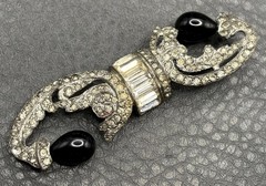 Vintage 1930’s Art Deco Black Faux Onyx Glass Rhinestone Brooch Pin READ
