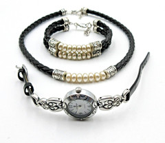 VTG Set Lot PREMIER DESIGNS NECKLACE BRACELET WATCH Faux pearl black silver tone
