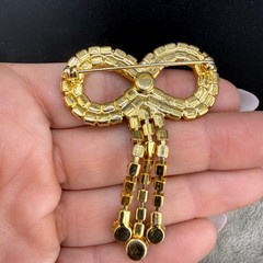 Vintage Rhinestone Bow Brooch Gold Tone Red Green Christmas