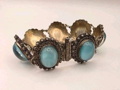 Antique Solid Sterling Silver 950 Ornate Light Blue Glass Moonstone Bracelet