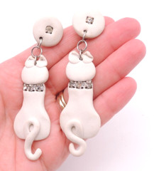 White Cat Kitty Earrings READ Vintage 80s Clay Ceramic Rhinestone Dangle Clip-On