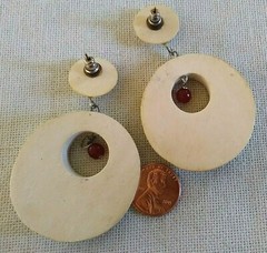 Vintage off white wood and amber glass bead pierced statement dangle earrings