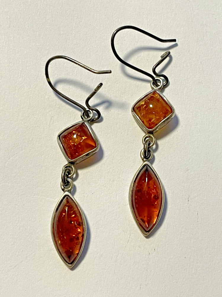VTG Baltic Amber Diamond & Marquise Cut 925 Sterling Silver Hook Earrings (D195)