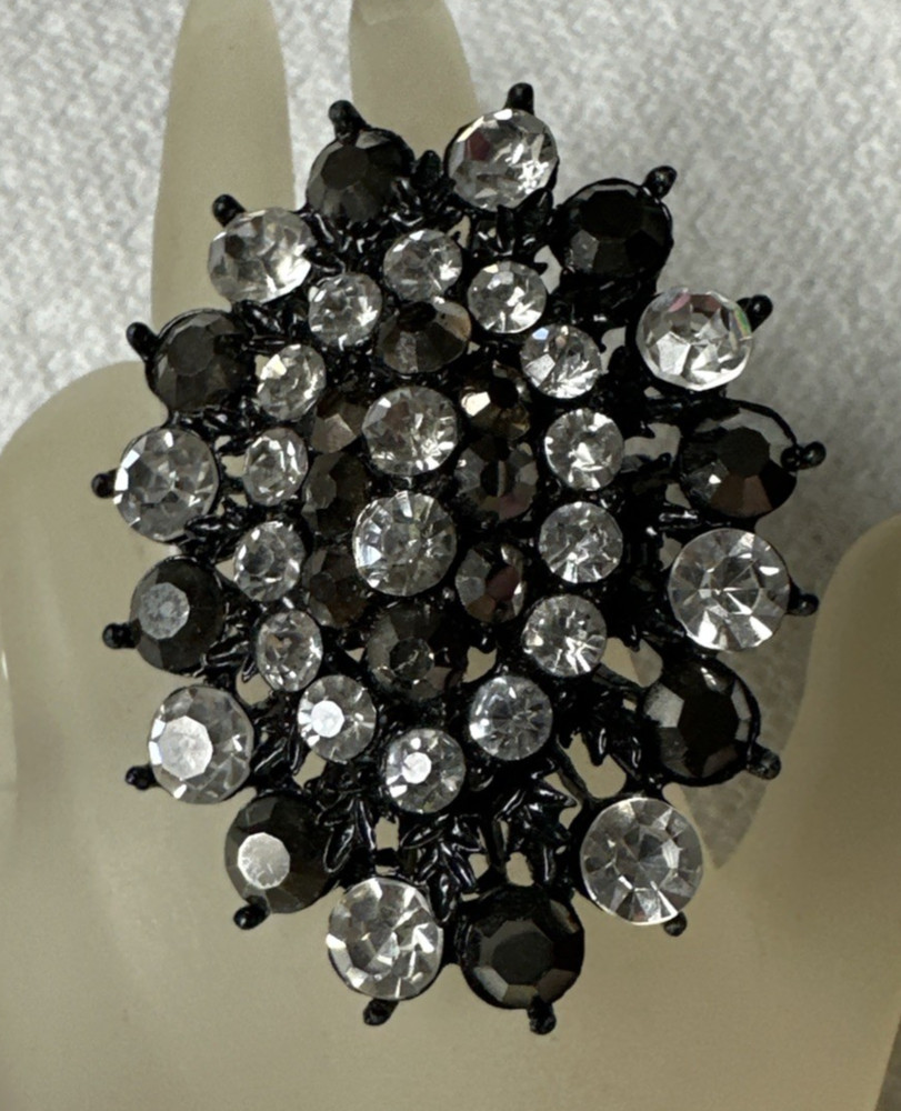 Black Faceted Rhinestone Oval Costume Statement Cocktail Ring Stretch Band r4