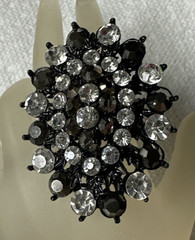 Black Faceted Rhinestone Oval Costume Statement Cocktail Ring Stretch Band r4