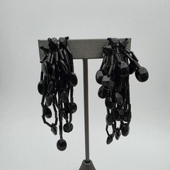 Vtg Black Bead Cha Cha Dangle Clip On Shoulder Duster Earrings Statement 3.25″