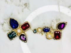 2 Vintage Gold Tone Colorful Larg Brooch Pin Red Purple Blue Green Pearl ERA1979