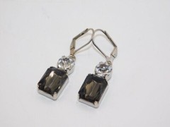 A608-VINTAGE PIERCED EARRINGS~VERY DARK GREY/CLEAR STONES~SILVER TONE~1.5″ DROP