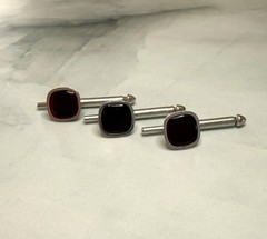 3 Swank Vintage Art Deco Cherry Red Silver Tone Button Links FREE SHIPPING