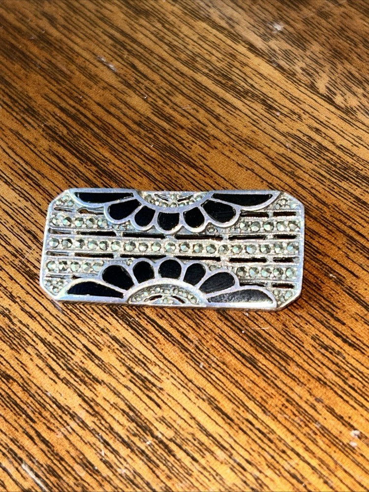 Vintage 80s Art Deco Style Sterling Silver Marcasite and Onyx Bar Pin