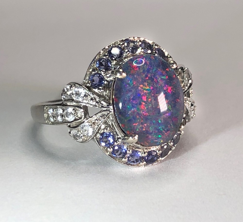 Estate Black AUSTRALIAN RAINBOW FIRE OPAL & Tanzanite Topaz Sterling Silver Ring