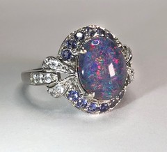 Estate Black AUSTRALIAN RAINBOW FIRE OPAL & Tanzanite Topaz Sterling Silver Ring