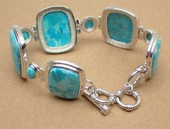 JTV Turquoise Link Bracelet Cushion Oval & Round Stones Sterling Silver 8-1/2″