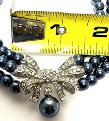 Blue Faux Pearl Necklace 3 Strand Rhinestone Bow + Dangle Earrings Pierced