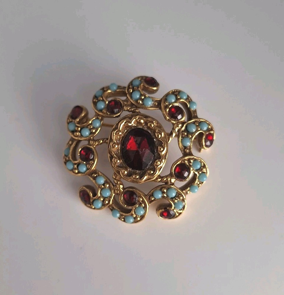 Vintage Goldette Brooch Pin Gold Alloy Turquoise & Garnet Faux Gemstones 1960s