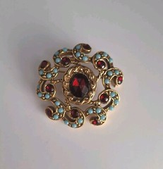 Vintage Goldette Brooch Pin Gold Alloy Turquoise & Garnet Faux Gemstones 1960s