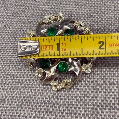 Vintage Floral Brooch Gold Tone Green Clear Rhinestones Open Work 2 Inches