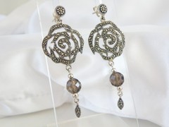 Vintage Sterling Silver 925 Floral Smoky Quartz Marcasite Drop Dangle Earrings
