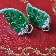 RARE Solid 14k White Gold Carved Spinach Green Jade Large Vintage Earrings
