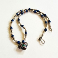 VTG Chinese Heart Cloisonné Blue necklace Silver Lapis Lazuli Beaded China 16″L