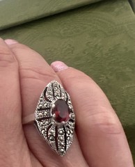 Vtg Art Deco Marquise Red Garnet & Marcasite 925 Sterling Silver 7.75 Signed CW