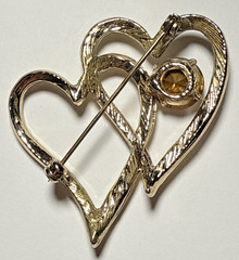 Vintage Silver Tone Double Hearts Brooch with Purple Rhinestone J-1I
