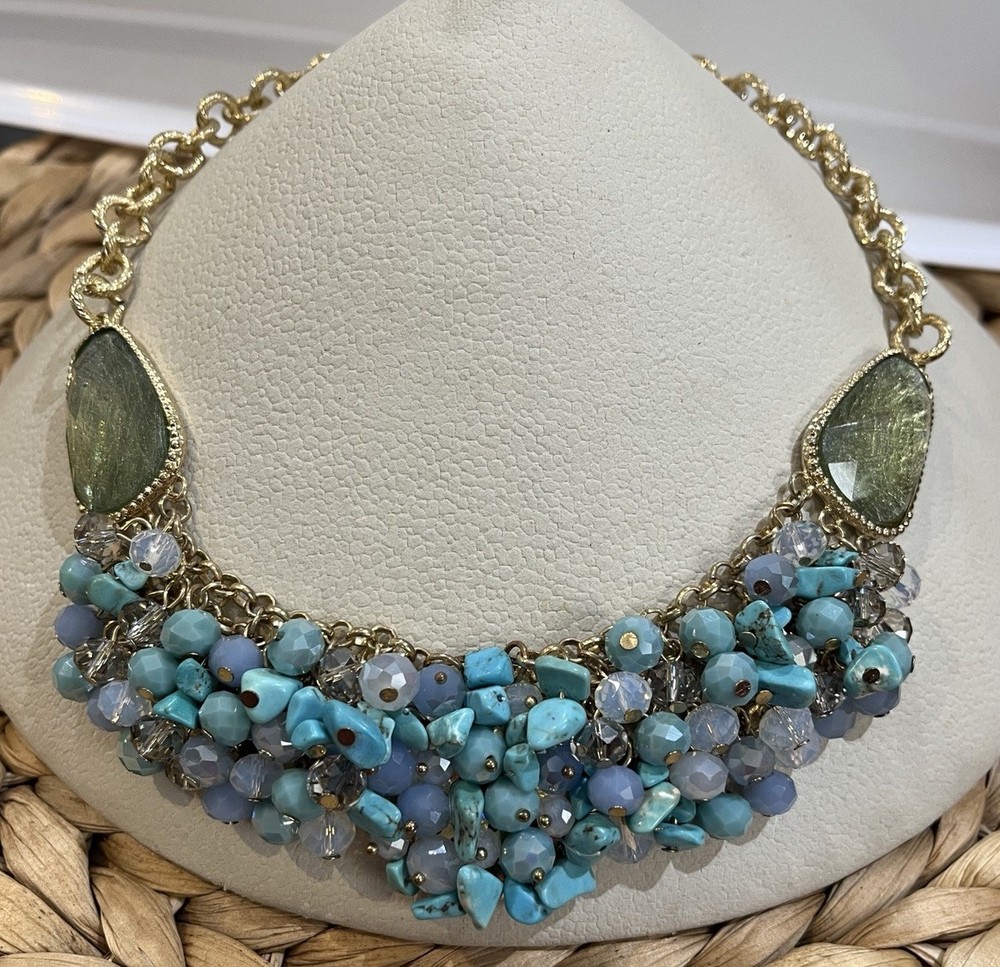 Vintage Turquoise Chip & Glass Statement Necklace Boho Cowgirl 14in ~ 17in