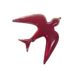 Vintage MCM Red Enamel on Copper Bird Swallow Pin Brooch 1.5″