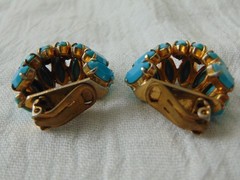 vintage double sided prong set Turquoise blue glass marquis cut stones clip ons