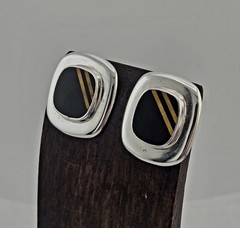 VTG Taxco Sterling Silver Black Gold Tigers Eye Inlay Post Earrings 15g Mexico