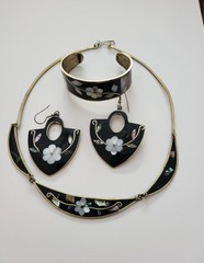 Vintage Mexico Alpaca Silver Inlay Cuff Necklace & Earrings Set Southwest