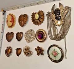 Lot of 13 Older Vintage Pendants,Button Covers,Cameo Brooche & Others