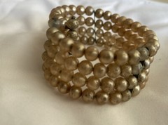 Vintage Faux Pearl Wrap Bracelet Spring Wire Cuff Beaded Fits All Champagne
