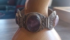 Antique Silvertone Filigree Amethyst Glass Stone 7″ Bracelet