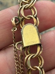 Vintage Double Link 12K 1/20 Gold Filled Green Carved Stone Charm Bracelet