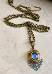 Vintage Necklace Art Deco Delicate Brass Pendant W/ Antique Blue Czech Glass