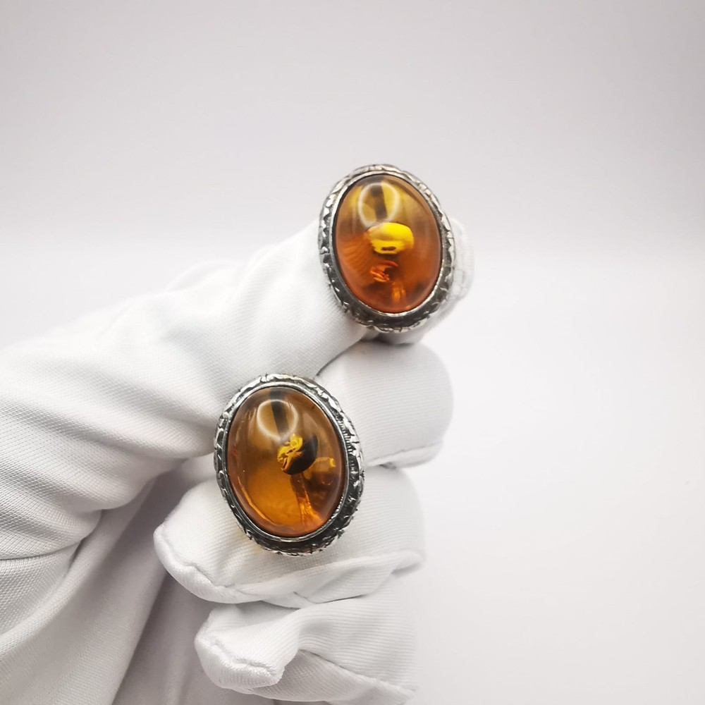 Vintage Women’s Honey Amber Oval 925 Sterling Silver Stud Earrings 9.5g