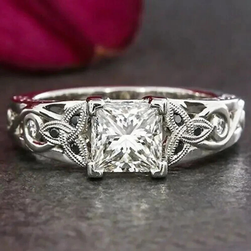 Art Deco Princess Lab Created Diamond & Onyx 14K White Gold FN Engagement Ring