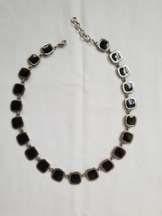 Vintage 1970s Black and Cream Enamel Geometric Necklace Reversible Silvertone