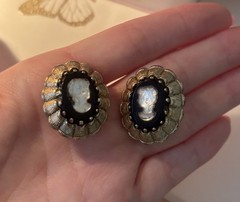 Vintage West Germany Black Glass Cameo Brooch & Clip-On Earrings Jewelry Set