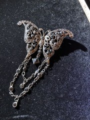 Vintage Butterfly Silver Tone Filigree Black Rhinestone Brooch Pin Marcasite